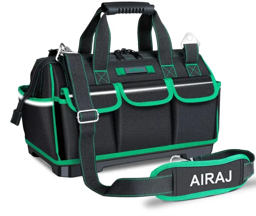 AIRAJ High-end Tool Bag,16 Inch Wide Mouth Tool Bag with Molded Hard bottom Base with 16 Pockets,Soft Rubber Handle, Adjustable Shoulder Strap,Waterproof Oxford Cloth