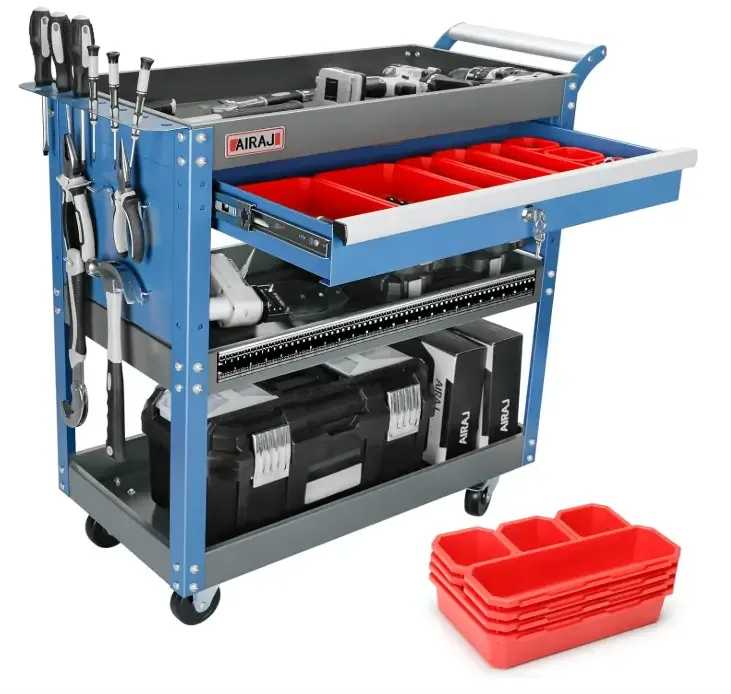 AIRAJ 3 Tier Rolling Tool Cart,Mechanic Tool Cart on Wheels,Industrial Utility Cart with Drawers and Pegboard,440 LBS Capacity Tool Storage Cart for Garage,Warehouse