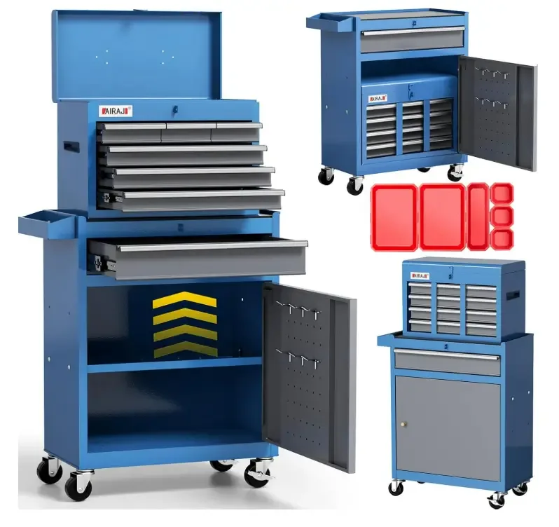 Tool Chest 8-Drawer | 42” Large Rolling Tool Chest with Wheels | Detachable Top Metal Tool Box | Garage Storage Cabinet for Repair Room,Warehouse | Rolling Tool Box with Hooks,Liners,Tray Divider